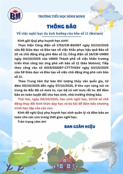THÔNG BÁO VỀ VIỆC NGHỈ HỌC DO ẢNH HƯỞNG CỦA BÃO SỐ 11 (MATMO)