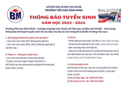 THÔNG BÁO TUYỂN SINH NĂM HỌC 2023 - 2024